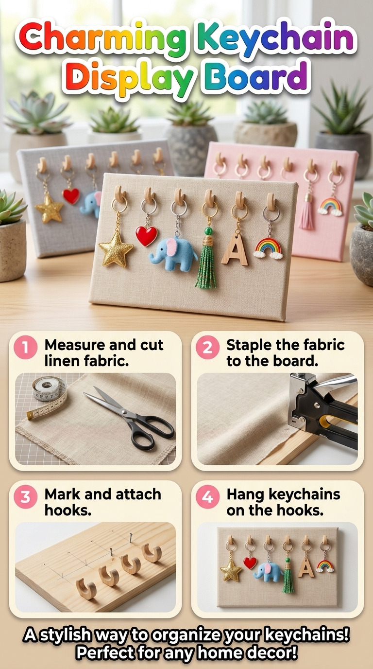DIY Keychain Collection Display Board with Hooks and Linen Fabric