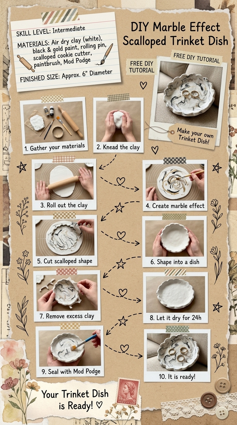 DIY Scalloped Air Dry Clay Trinket Dish with a Marble Effect