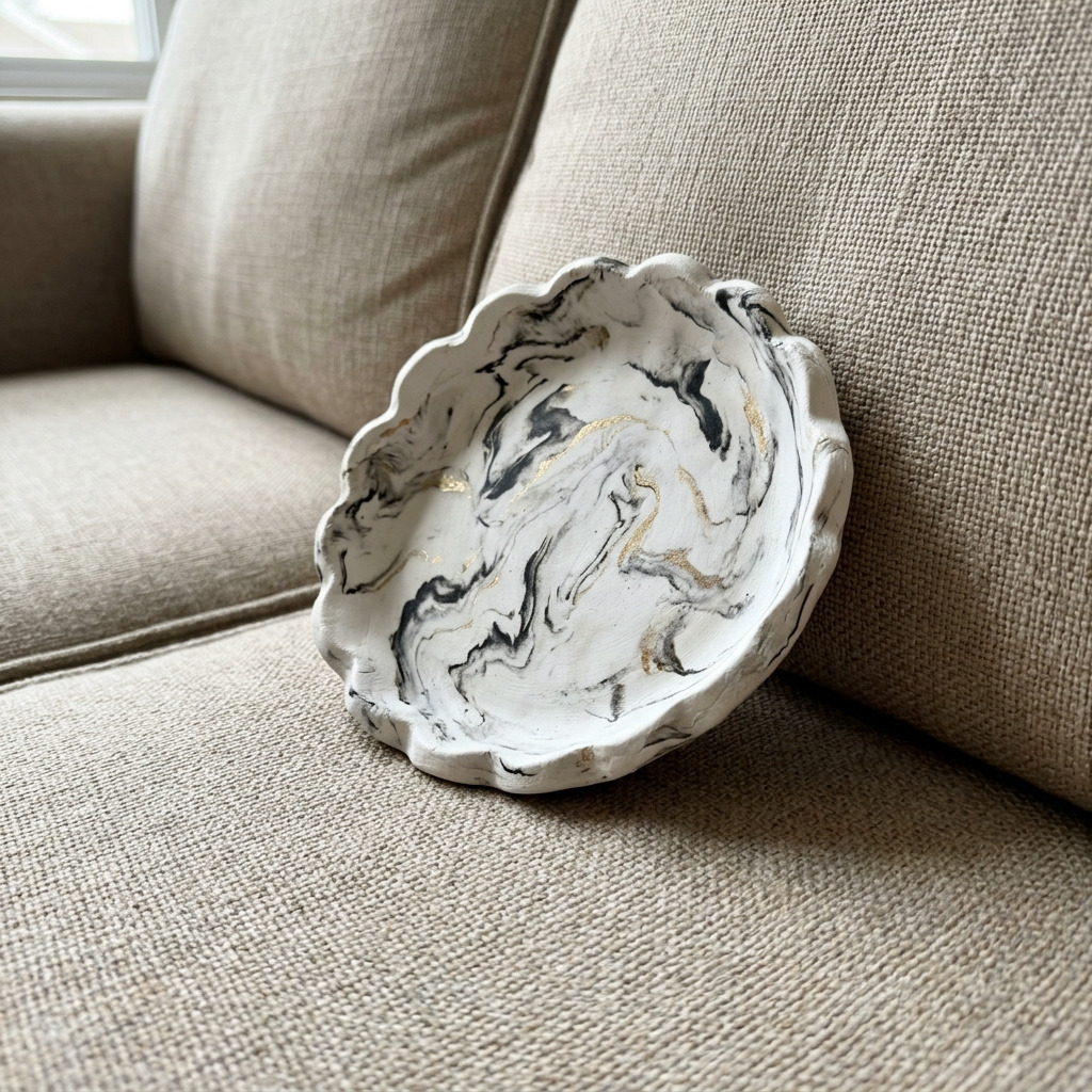 DIY Scalloped Air Dry Clay Trinket Dish with a Marble Effect
