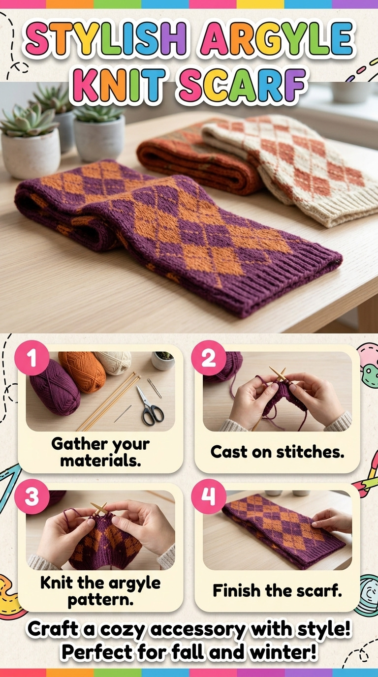 How to Build an Easy Argyle Knit Scarf Pattern in Plum and Rust Tones: Step-by-Step Guide with Materials and Measurements