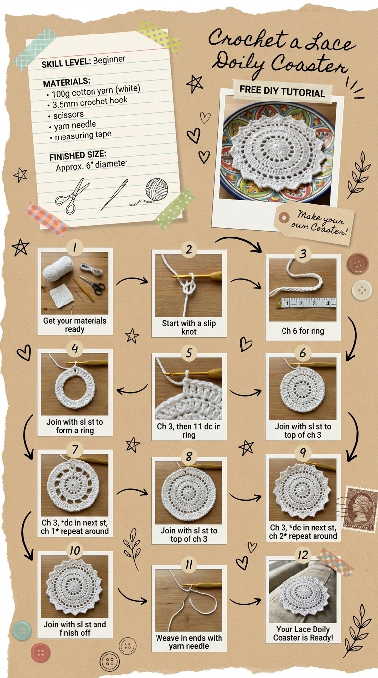 How to Crochet a Lace Doily Coaster: Step-by-Step Guide with Materials and Measurements