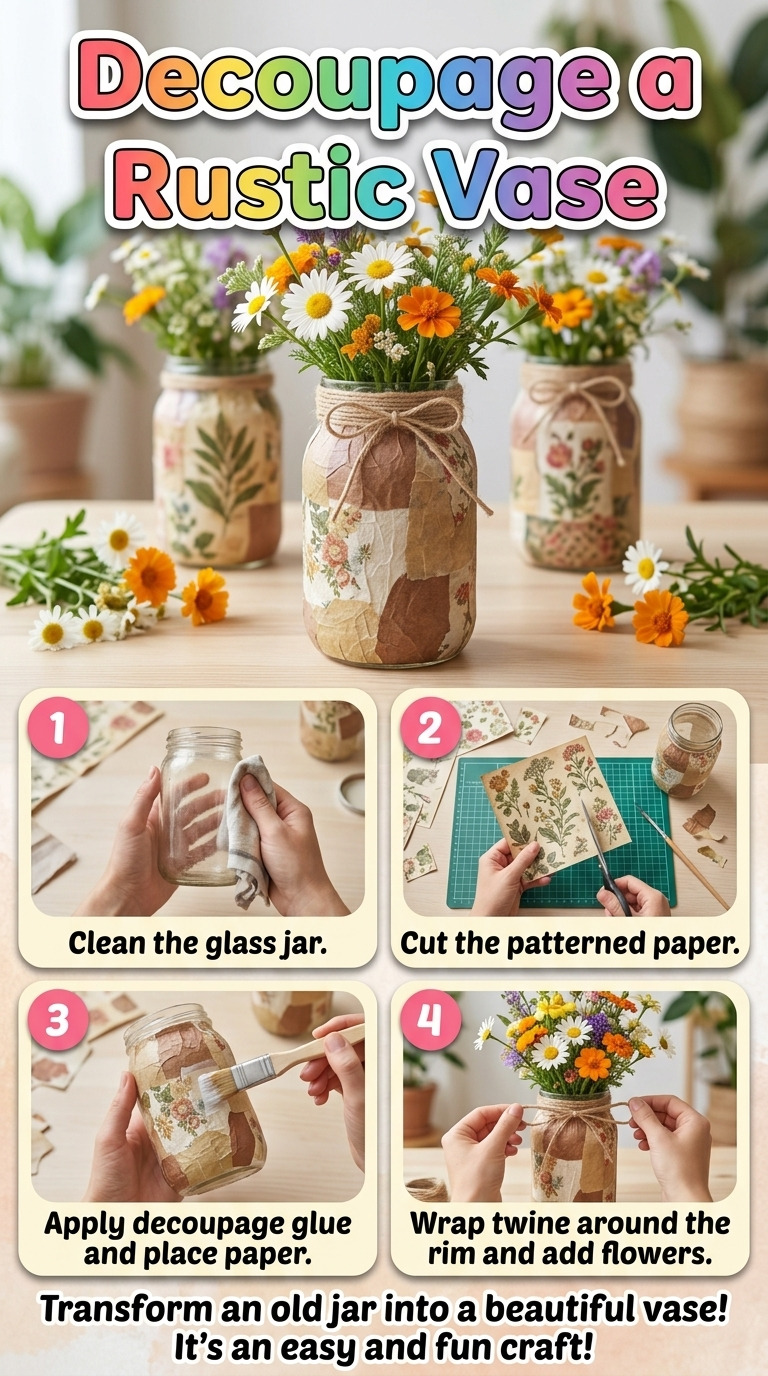 How to Decoupage an Old Glass Jar into a Rustic Flower Vase: Step-by-Step Guide with Materials and Measurements