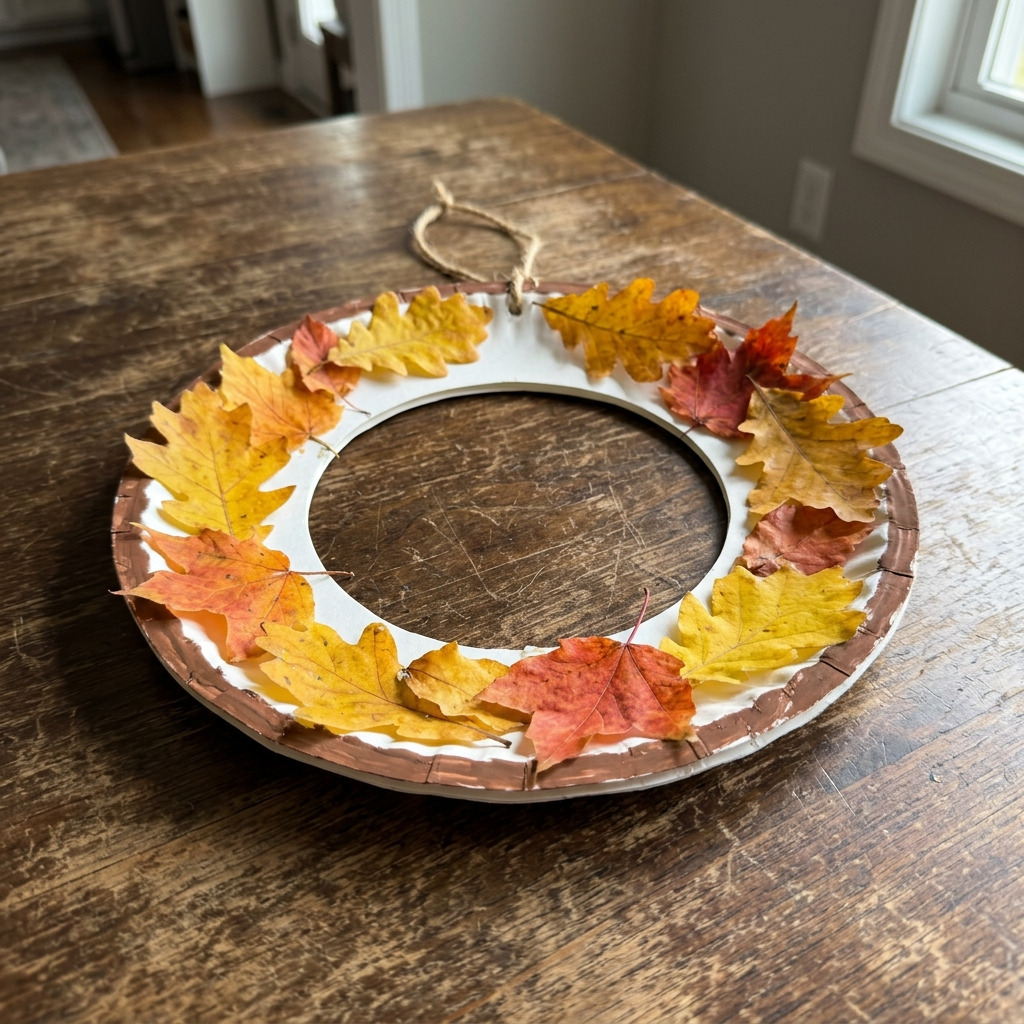 Kids Craft: Paper Plate Autumn Wreath with Real Fall Leaves